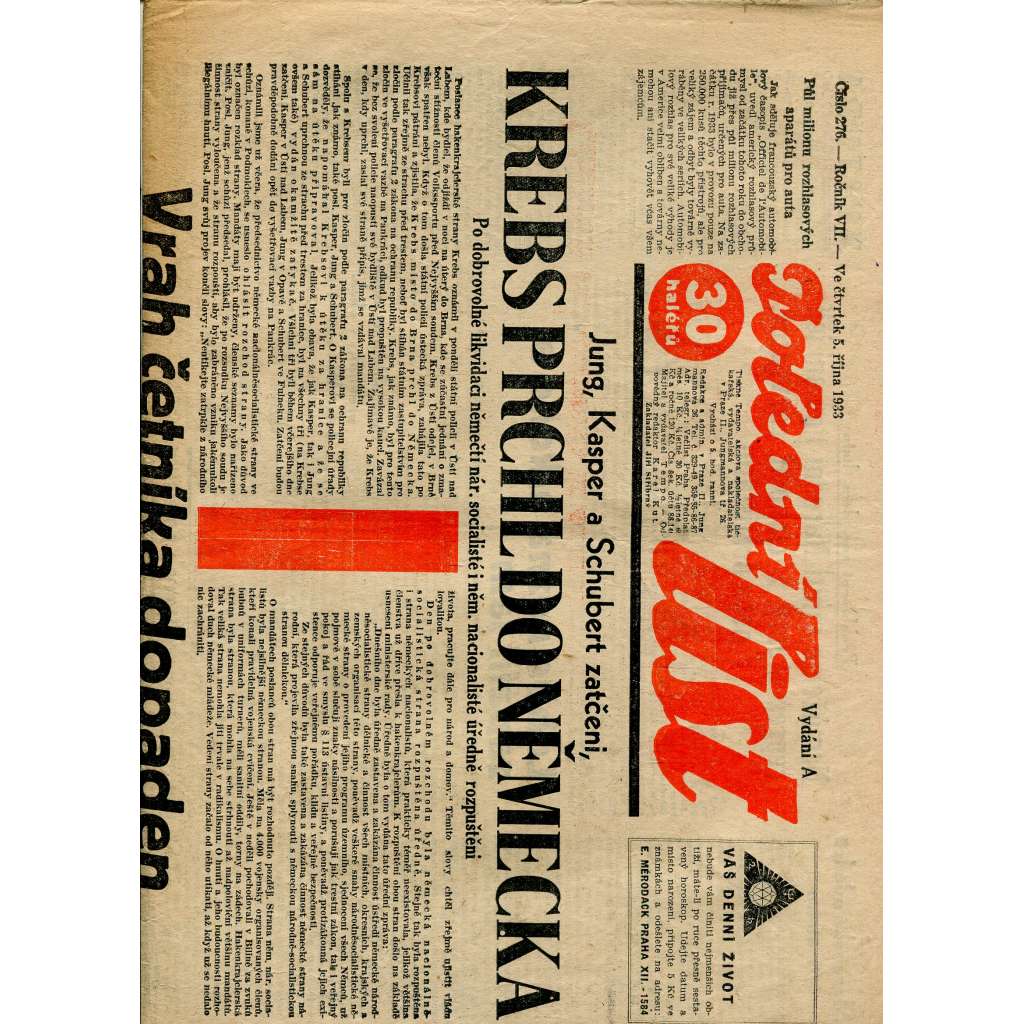 Polední list, ročník VII., číslo 276/1933 (1. republika, noviny)