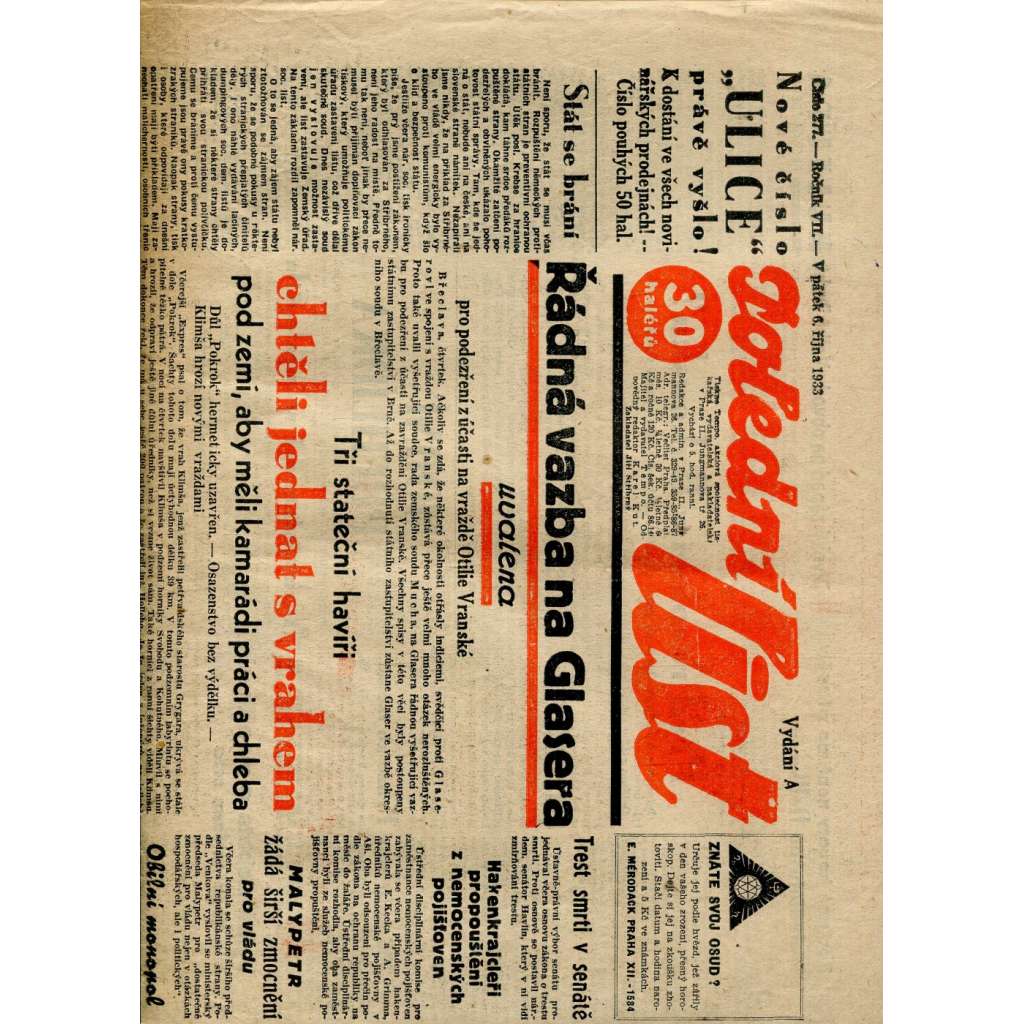 Polední list, ročník VII., číslo 277/1933 (1. republika, noviny)