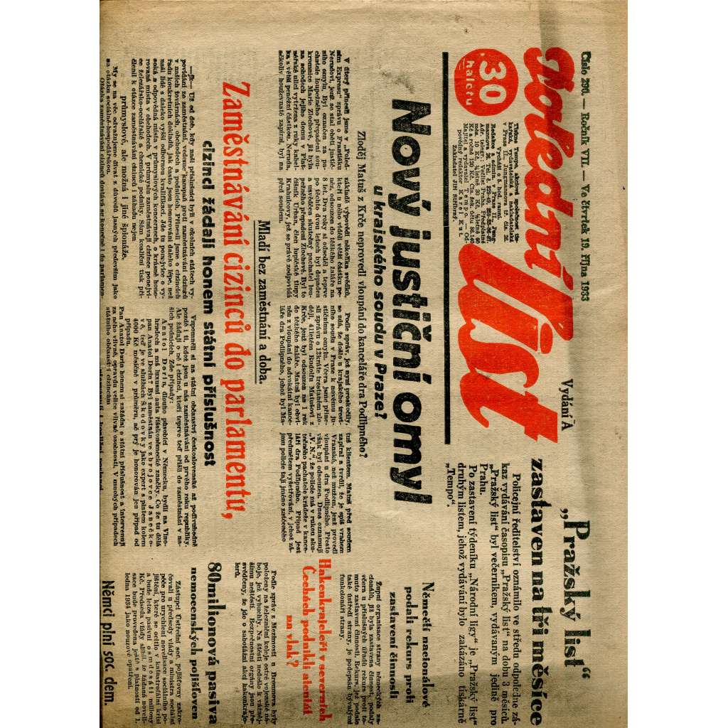 Polední list, ročník VII., číslo 290/1933 (1. republika, noviny)