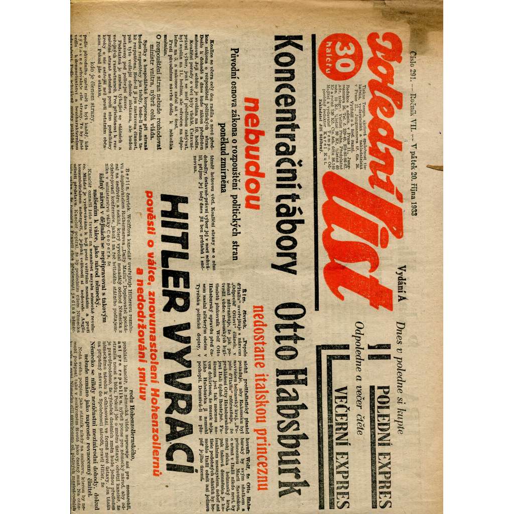 Polední list, ročník VII., číslo 291/1933 (1. republika, noviny)