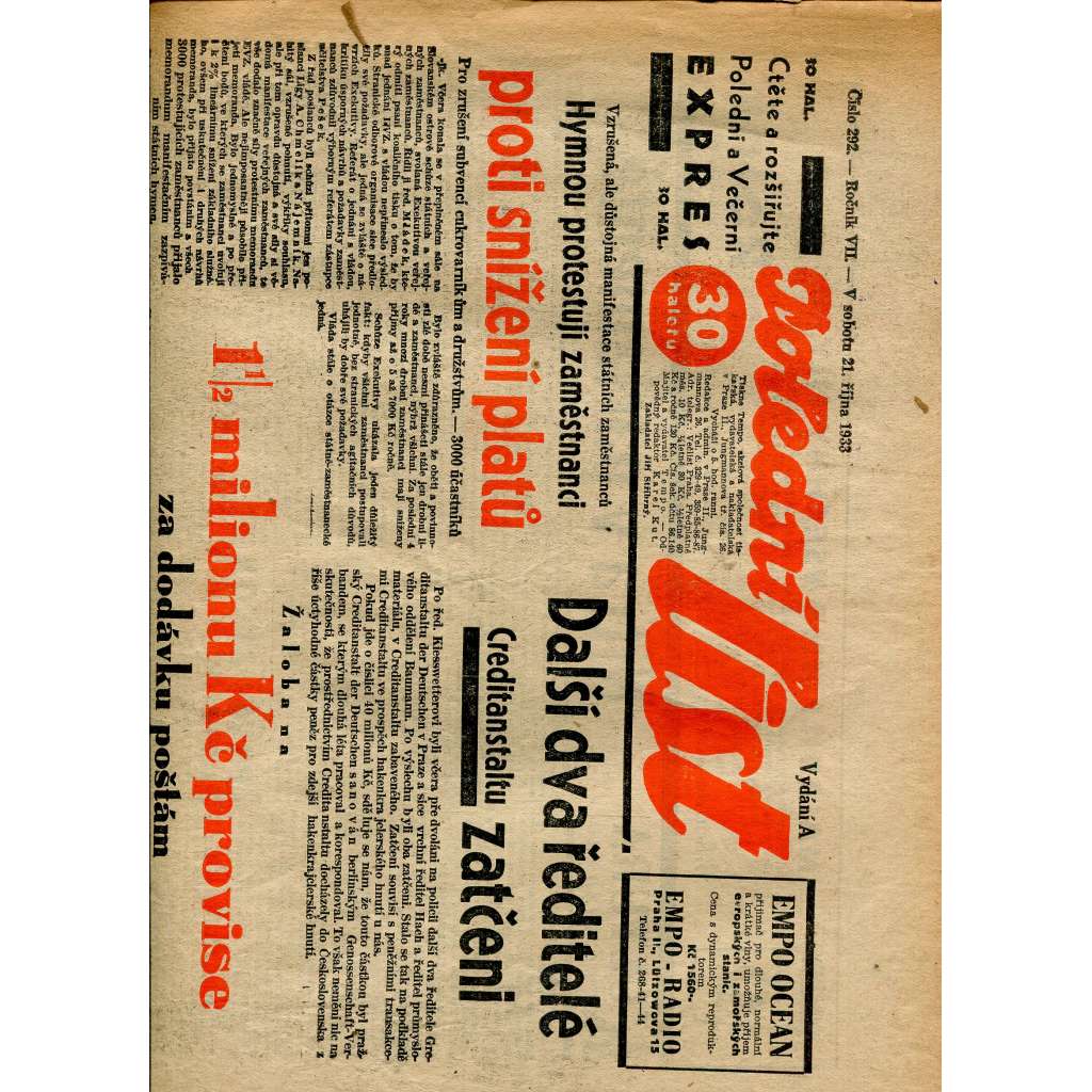 Polední list, ročník VII., číslo 292/1933 (1. republika, noviny)