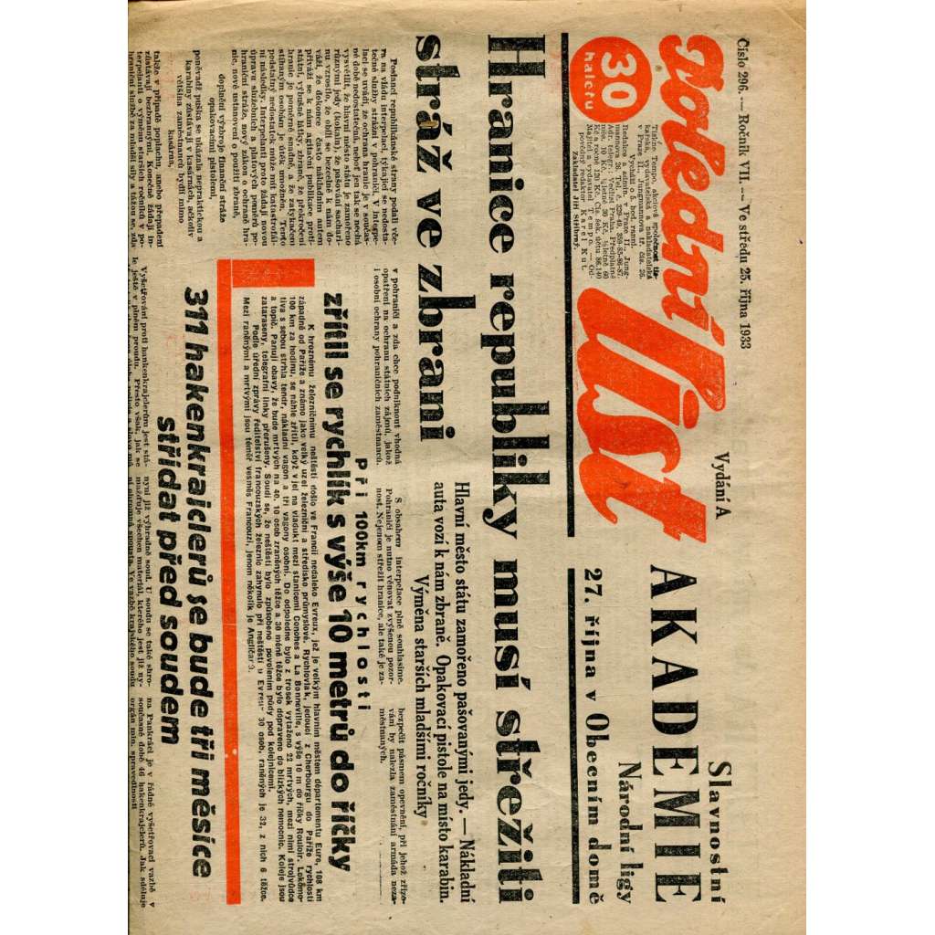 Polední list, ročník VII., číslo 296/1933 (1. republika, noviny)