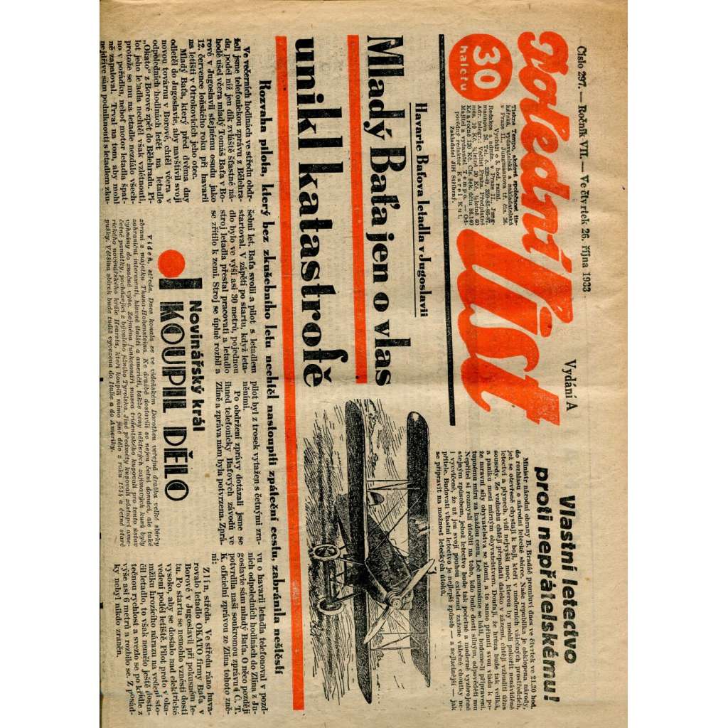 Polední list, ročník VII., číslo 297/1933 (1. republika, noviny)