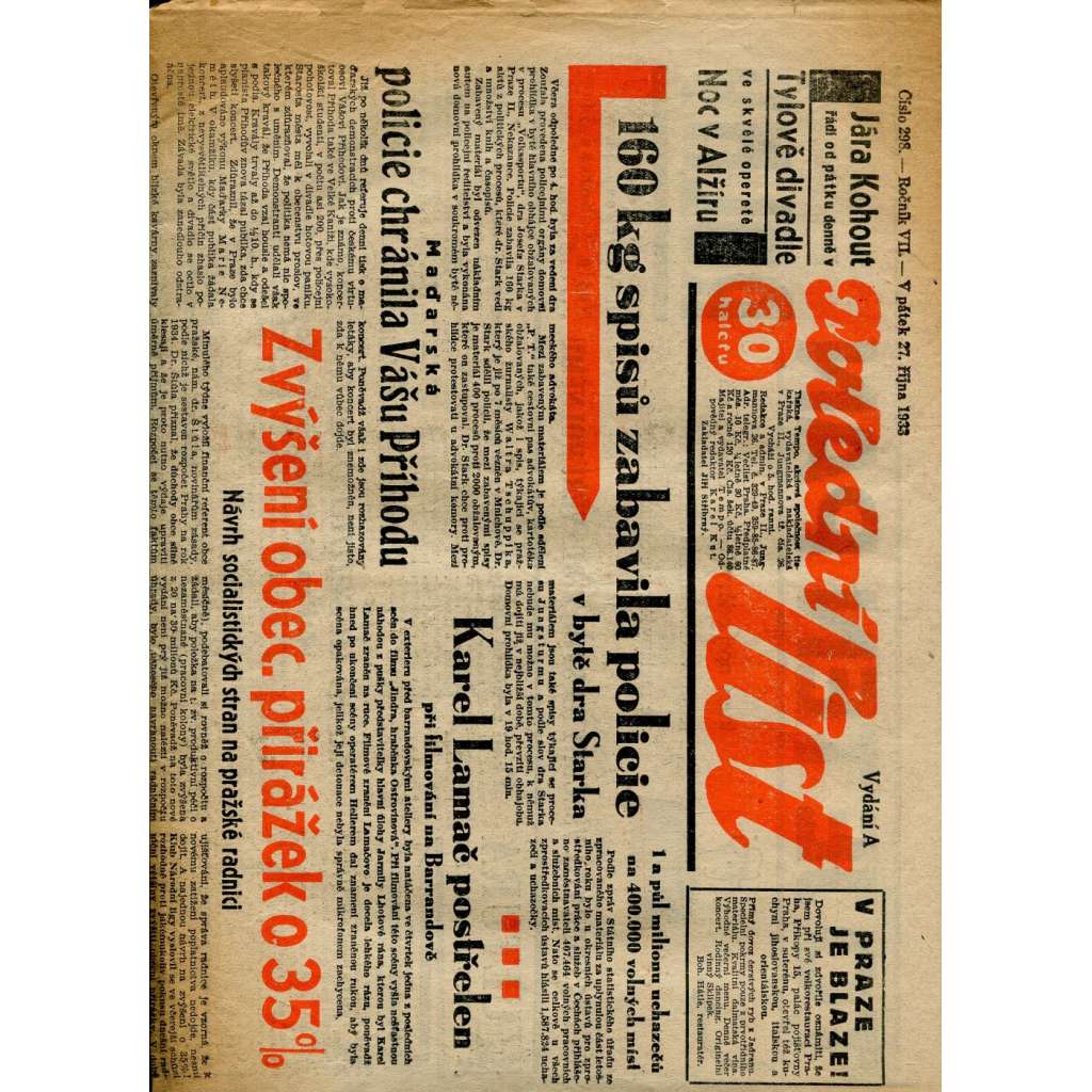 Polední list, ročník VII., číslo 298/1933 (1. republika, noviny)