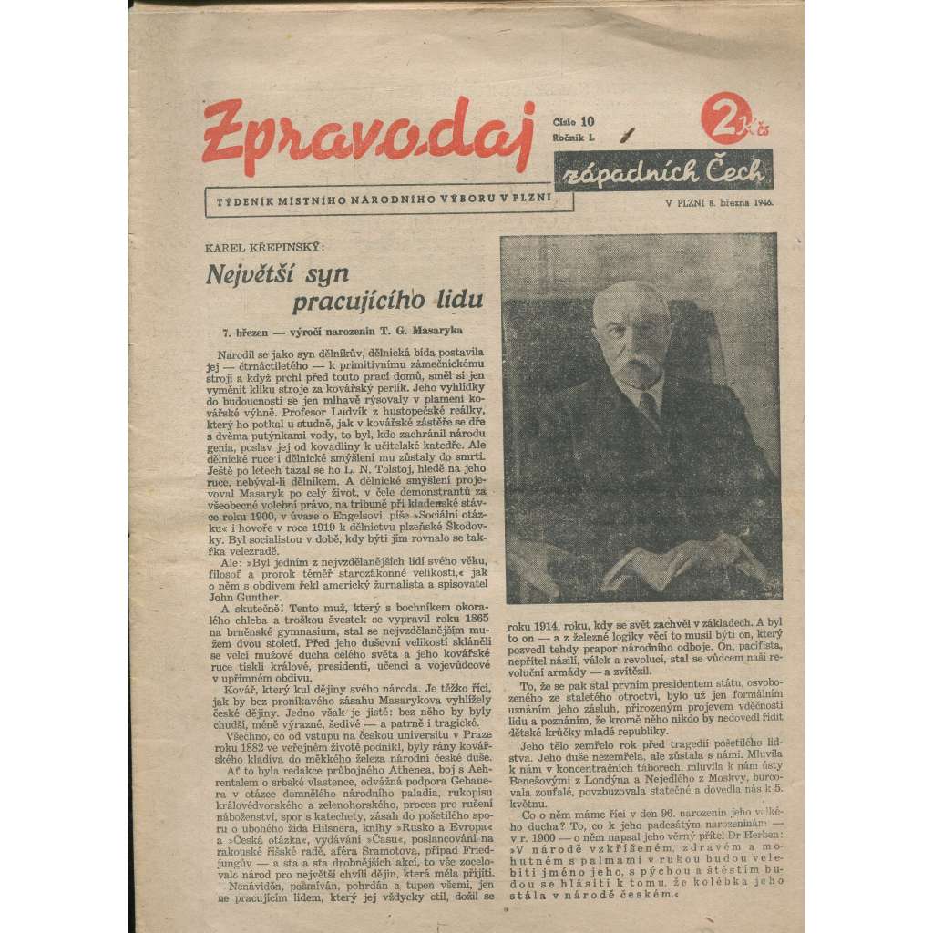 Zpravodaj západních Čech, ročník I., číslo 10/1946 (noviny)
