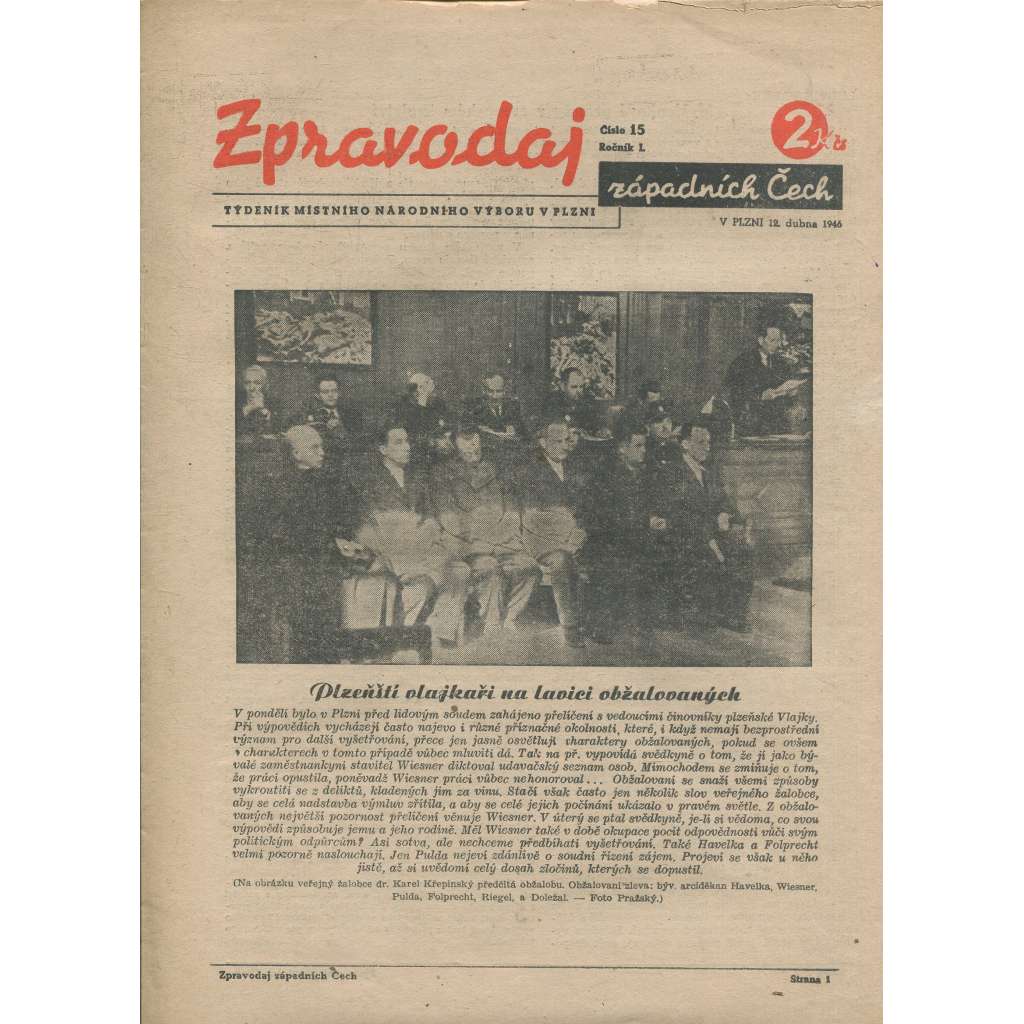Zpravodaj západních Čech, ročník I., číslo 15/1946 (noviny)