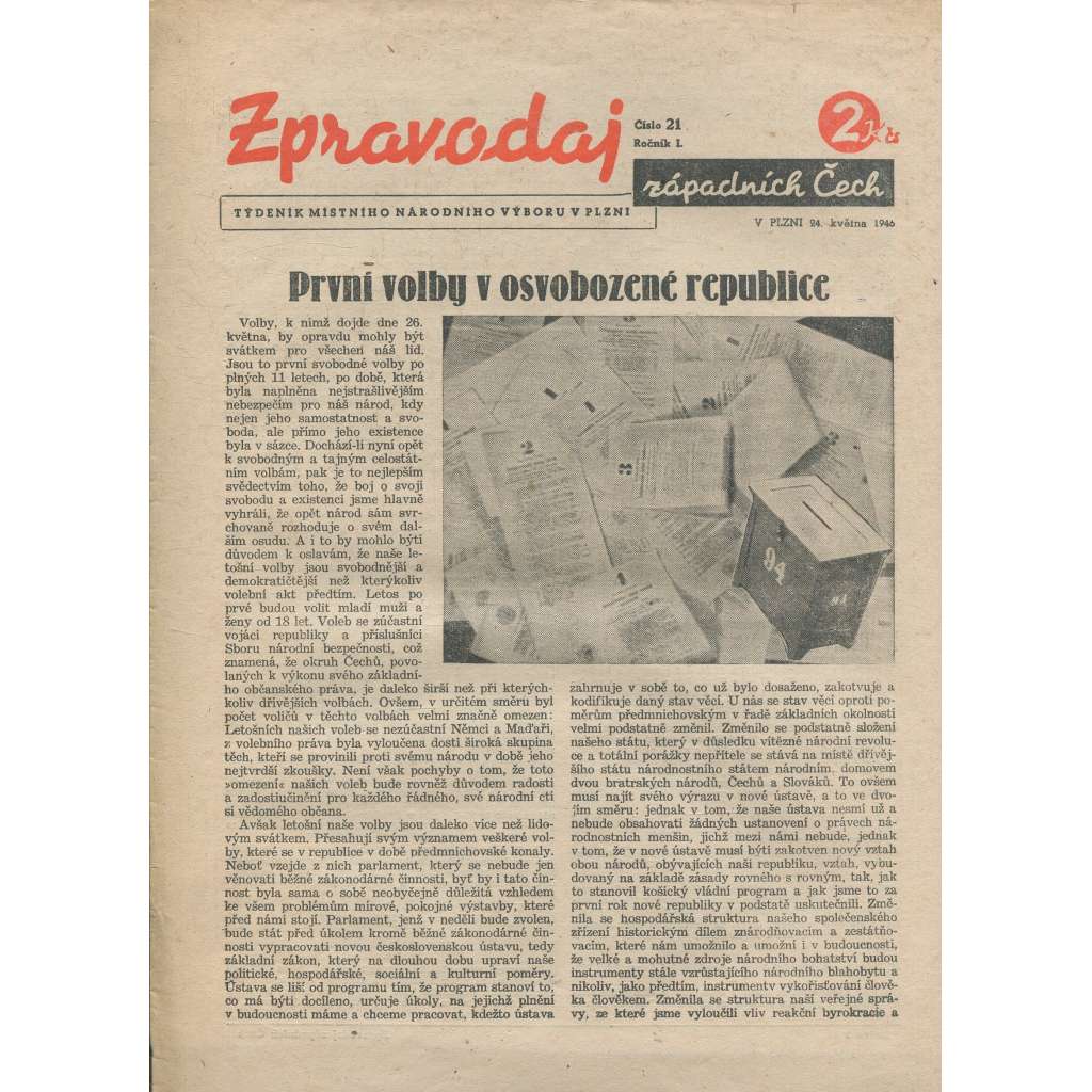 Zpravodaj západních Čech, ročník I., číslo 21/1946 (noviny)
