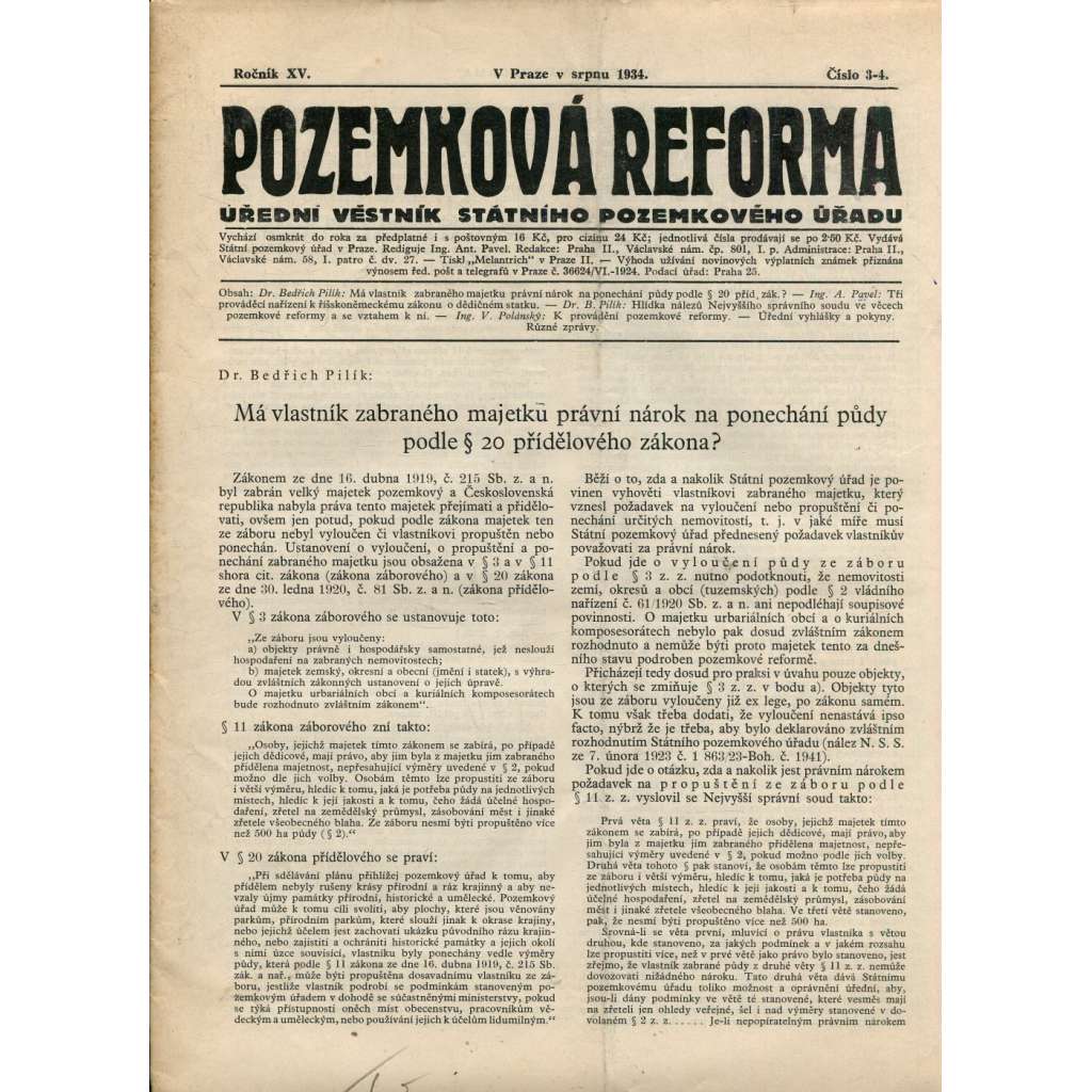 Pozemková reforma, ročník XV., číslo 3-4/1934 (1. republika, noviny)