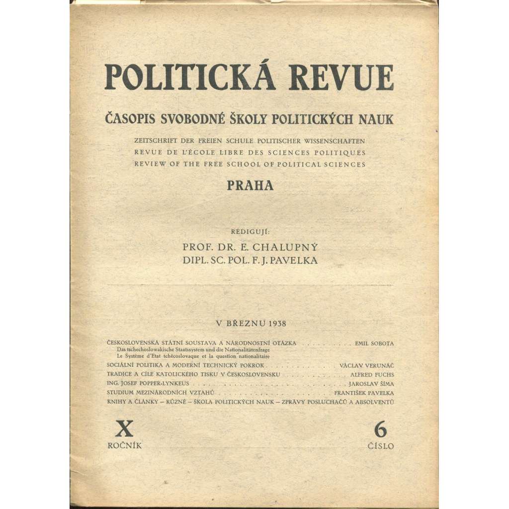 Politická revue, ročník X., číslo 6/1938. Časopis Svobodné školy politických nauk