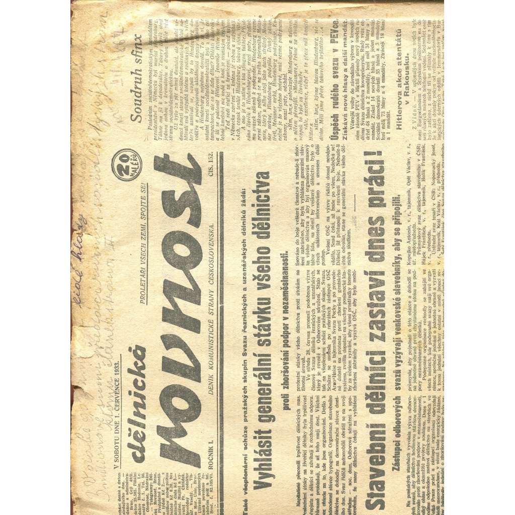 Dělnická rovnost, ročník I., číslo 152/1933. Deník komunistické strany Československa (1. republika, staré noviny, komunistická literatura)