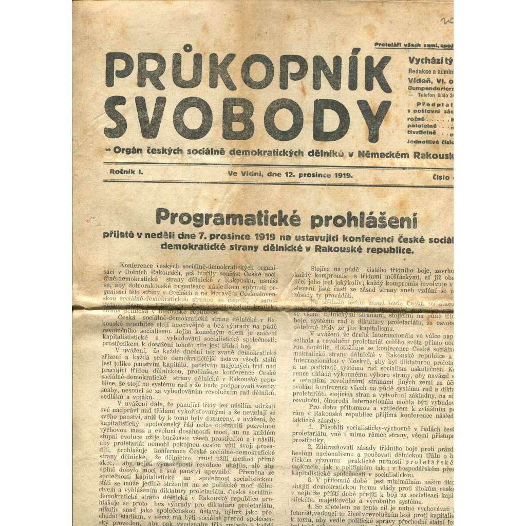 Průkopník svobody, ročník I., číslo 40/1919. Orgán českých sociálně demokratických dělníků v Německém Rakousku (1. republika, noviny)
