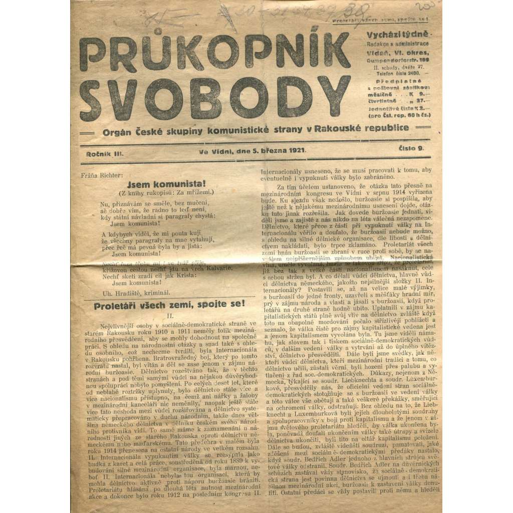 Průkopník svobody, ročník III., číslo 9/1921. Orgán České skupiny komunistické strany v Rakouské republice (1. republika, noviny)
