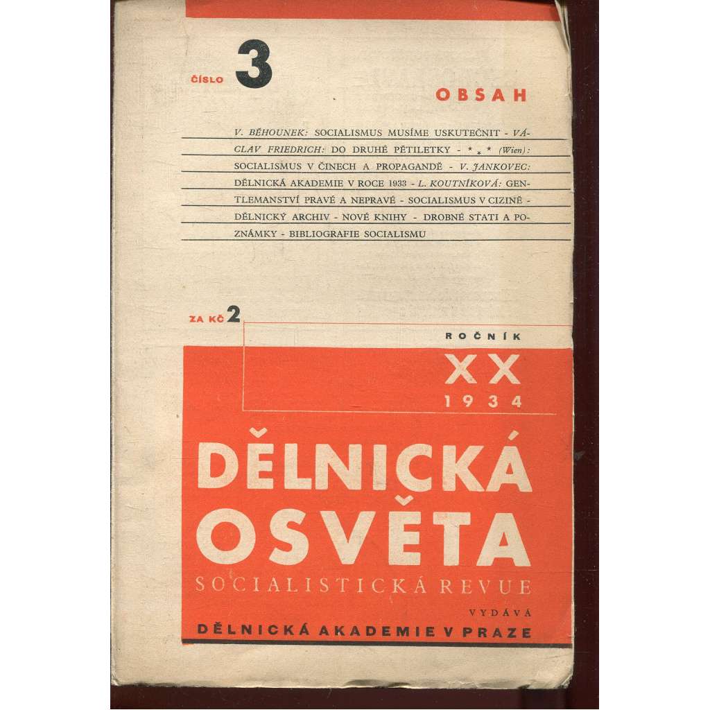Dělnická osvěta, ročník XX., číslo 3/1934. Socialistická revue (1. republika, časopis)
