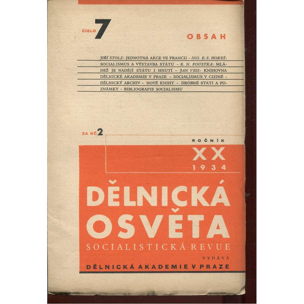 Dělnická osvěta, ročník XX., číslo 7/1934. Socialistická revue (1. republika, časopis)
