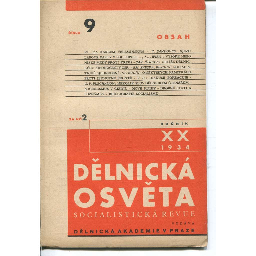 Dělnická osvěta, ročník XX., číslo 9/1934. Socialistická revue (1. republika, časopis)