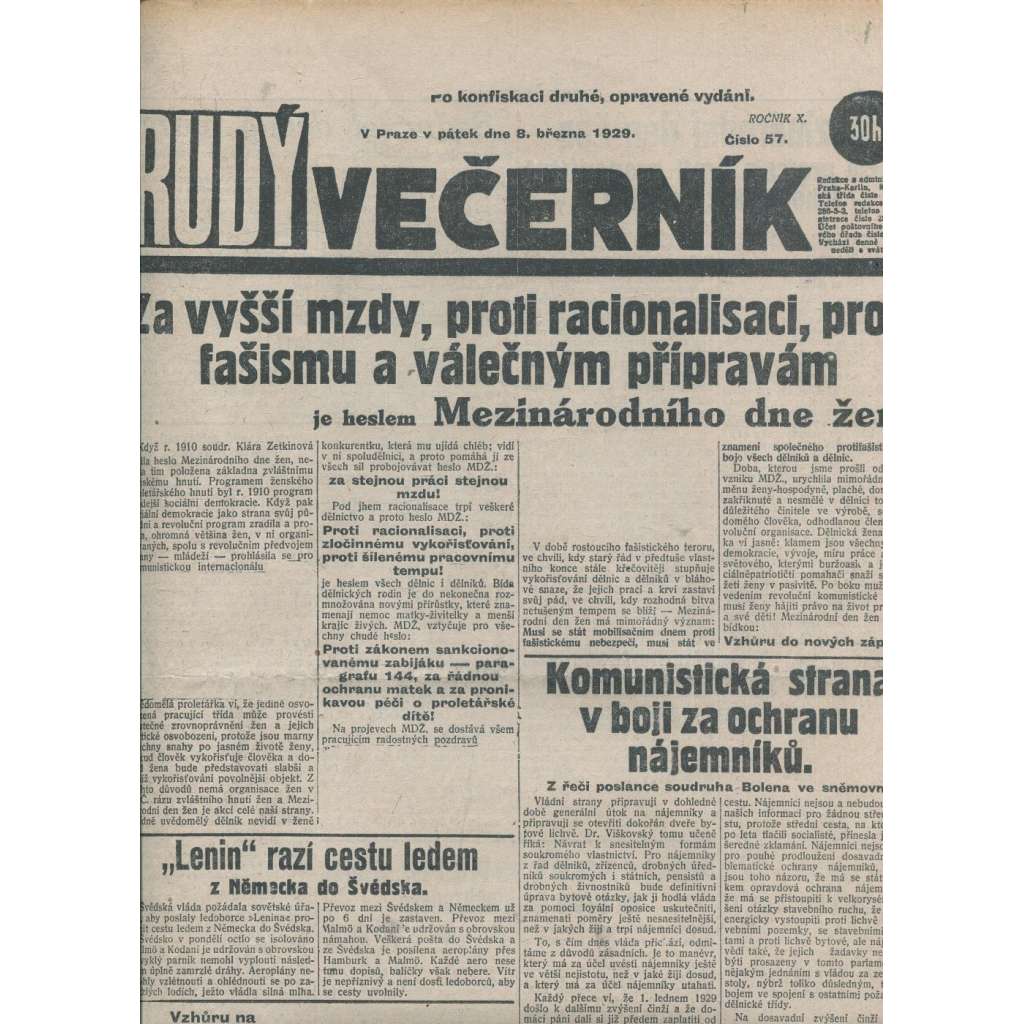 Rudý večerník (8.3.1929) - staré noviny, 1. republika