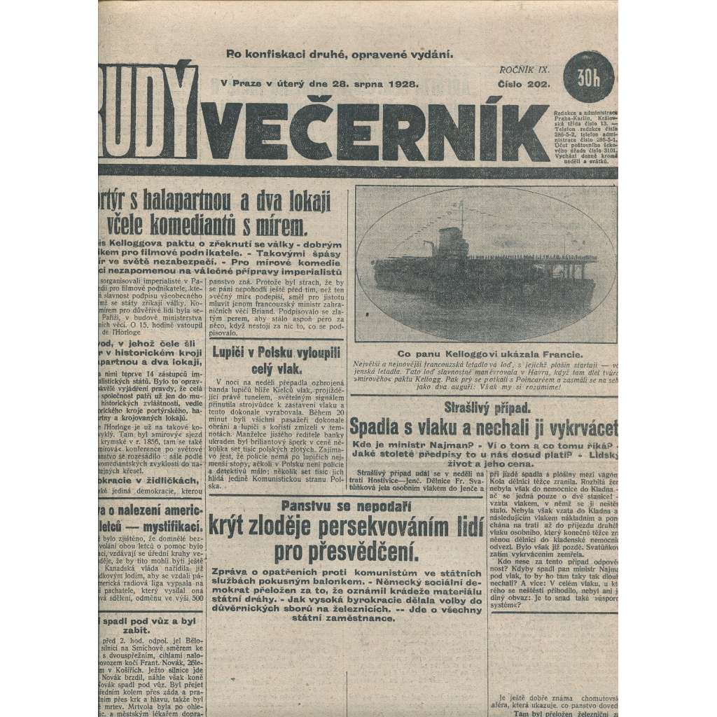 Rudý večerník (28.8.1928) - staré noviny, 1. republika