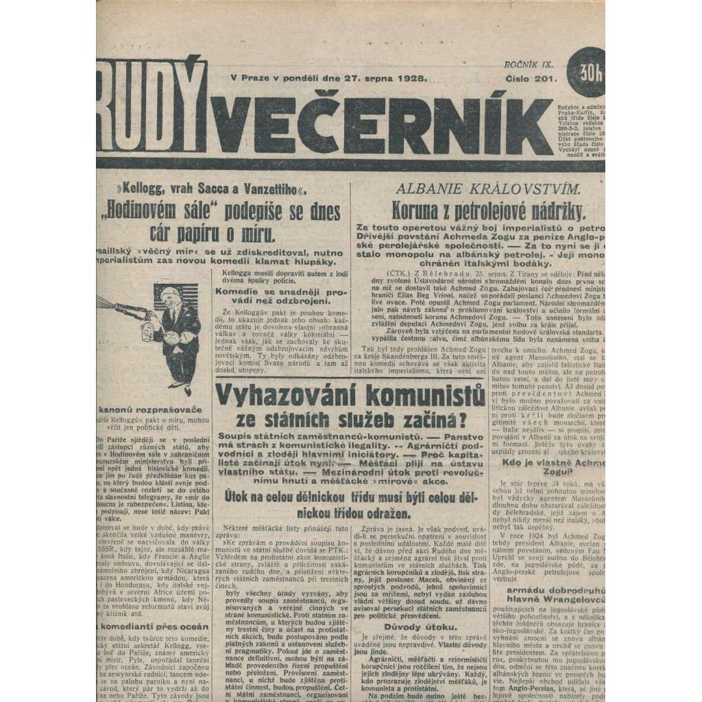 Rudý večerník (27.8.1928) - staré noviny, 1. republika