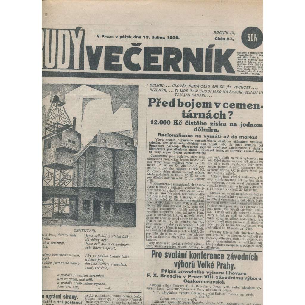 Rudý večerník (13.4.1928) - staré noviny, 1. republika