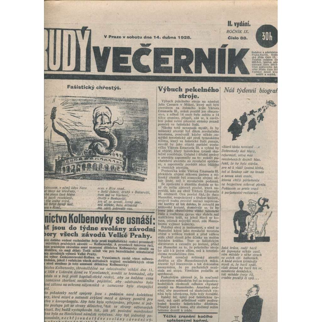 Rudý večerník (14.4.1928) - staré noviny, 1. republika