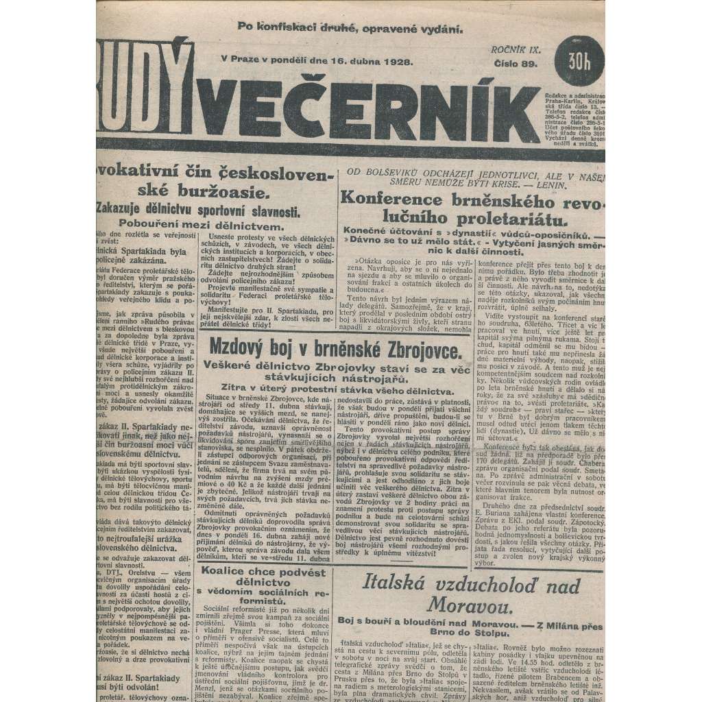 Rudý večerník (16.4.1928) - staré noviny, 1. republika