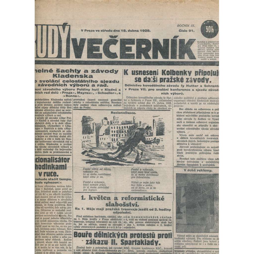 Rudý večerník (18.4.1928) - staré noviny, 1. republika