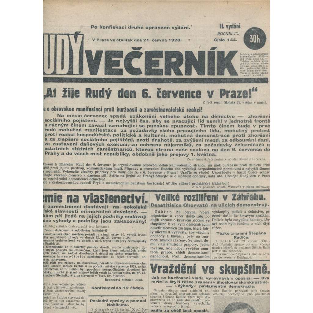 Rudý večerník (21.6.1928) - staré noviny, 1. republika