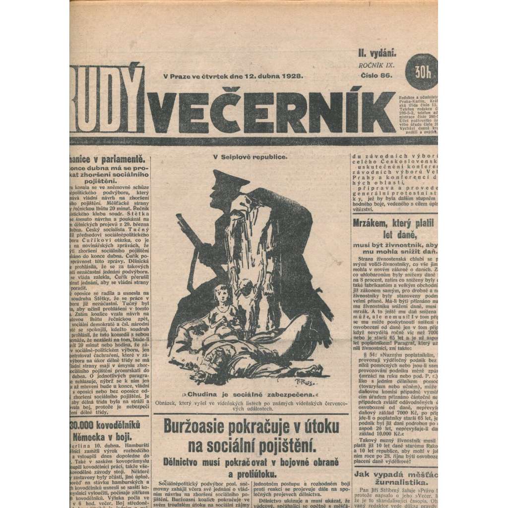 Rudý večerník (12.4.1928) - staré noviny, 1. republika