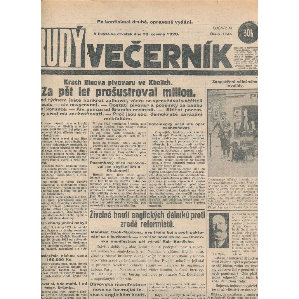 Rudý večerník (28.6.1928) - staré noviny, 1. republika