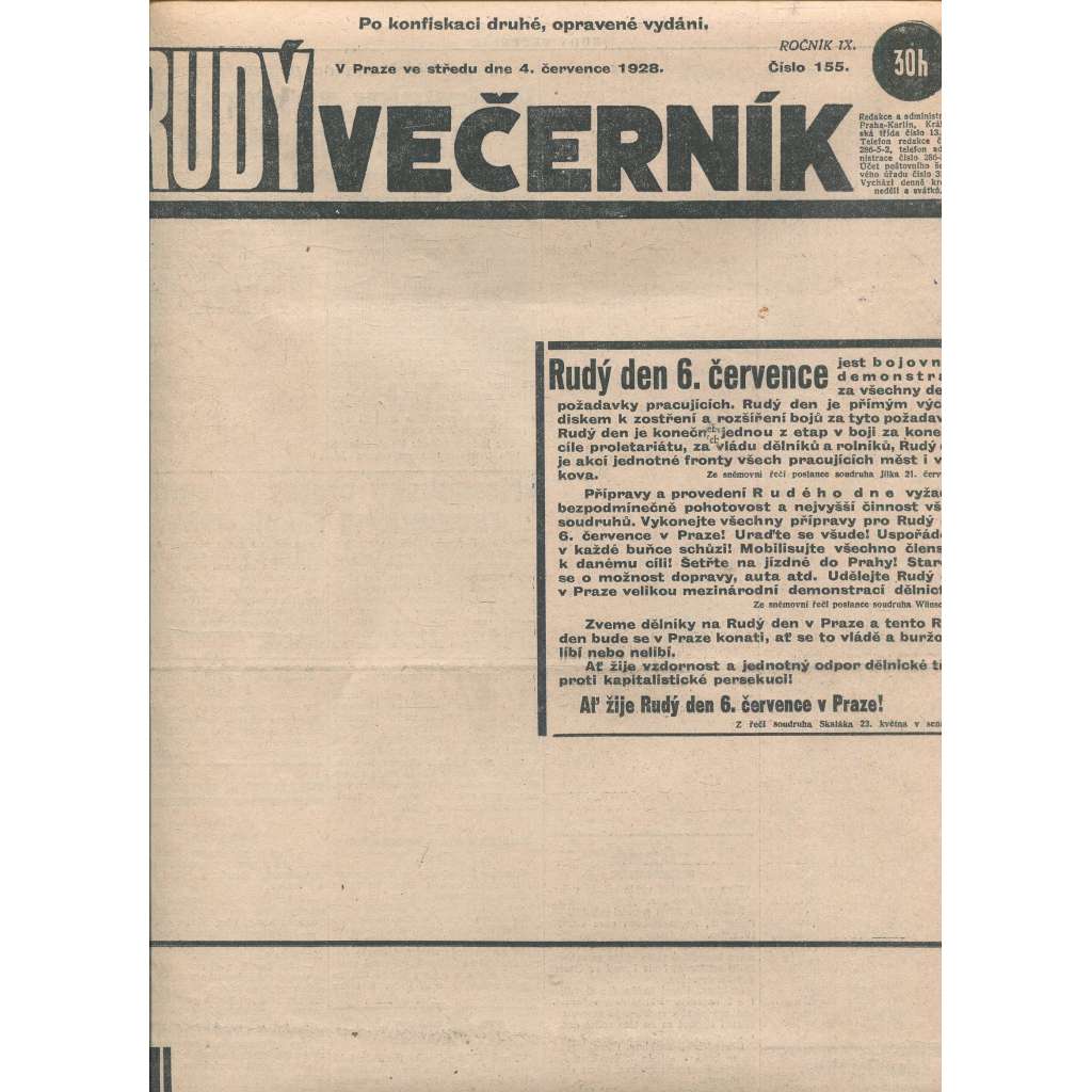 Rudý večerník (4.7.1928) - staré noviny, 1. republika