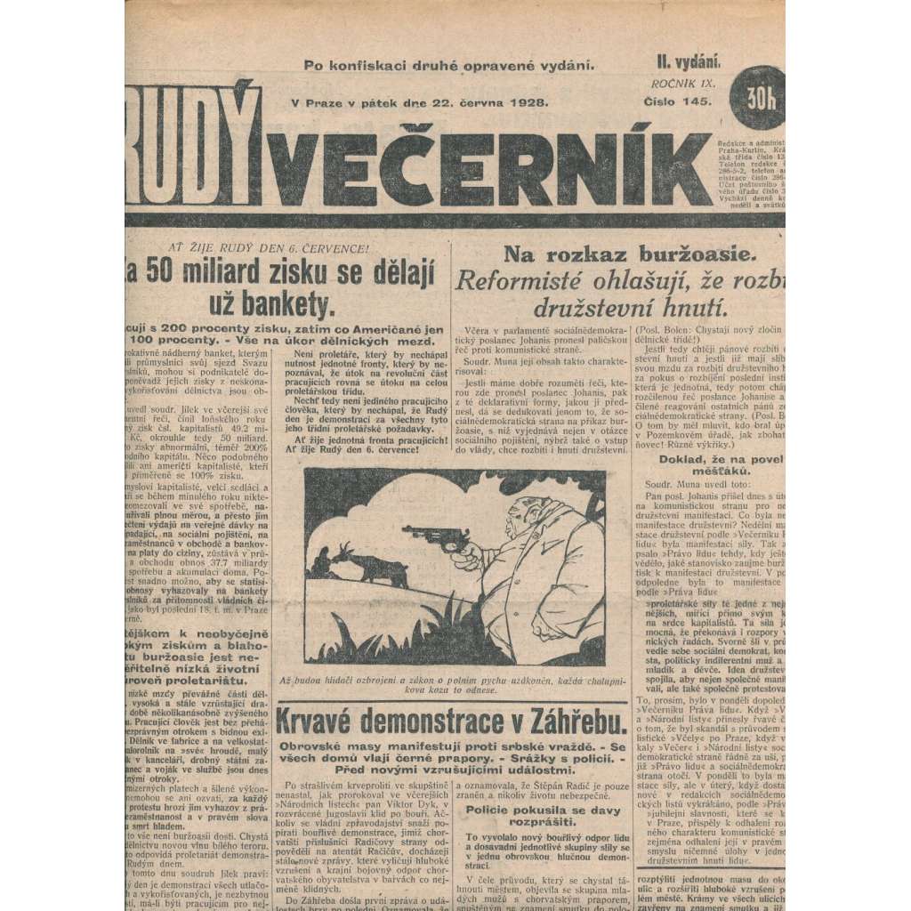 Rudý večerník (22.6.1928) - staré noviny, 1. republika