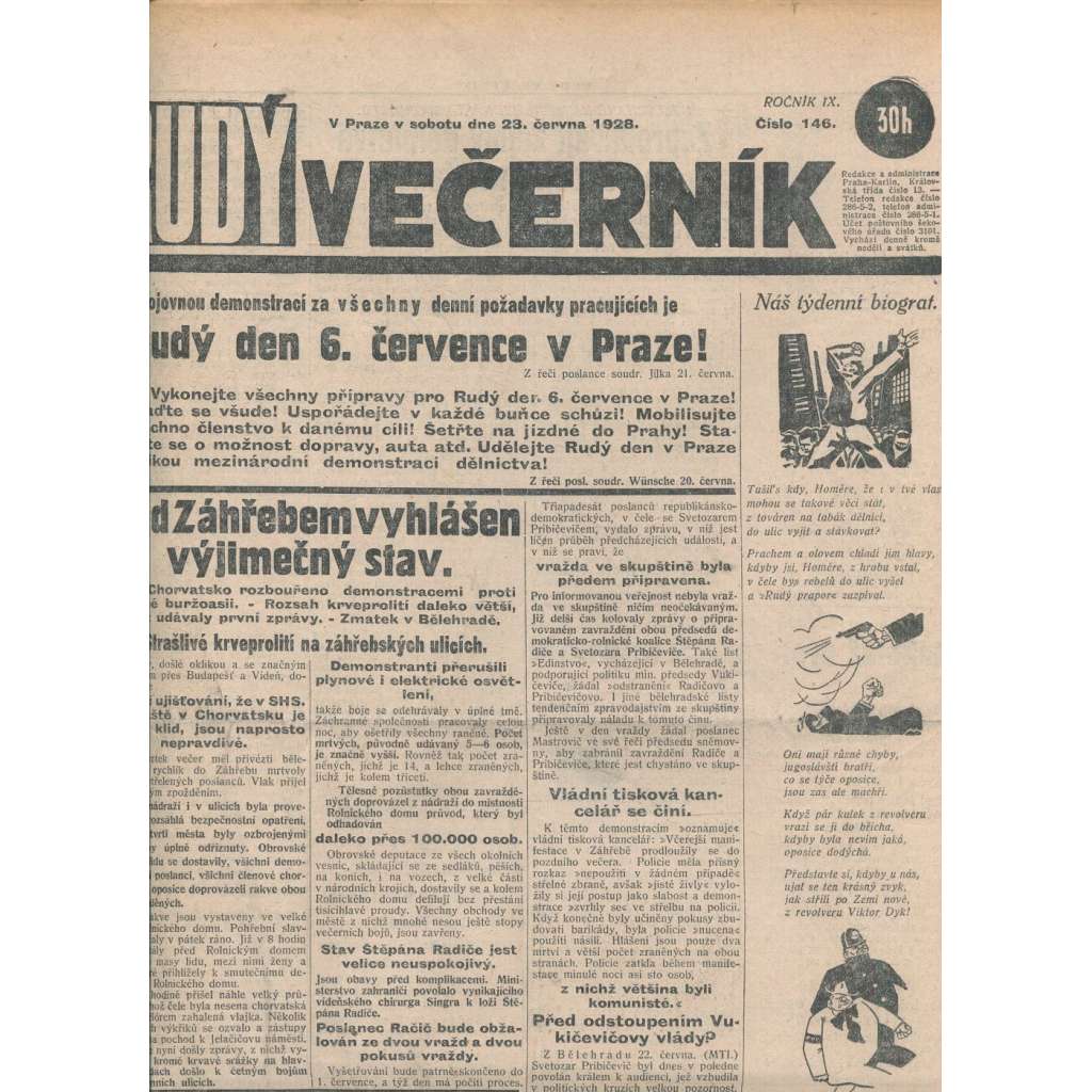 Rudý večerník (23.6.1928) - staré noviny, 1. republika