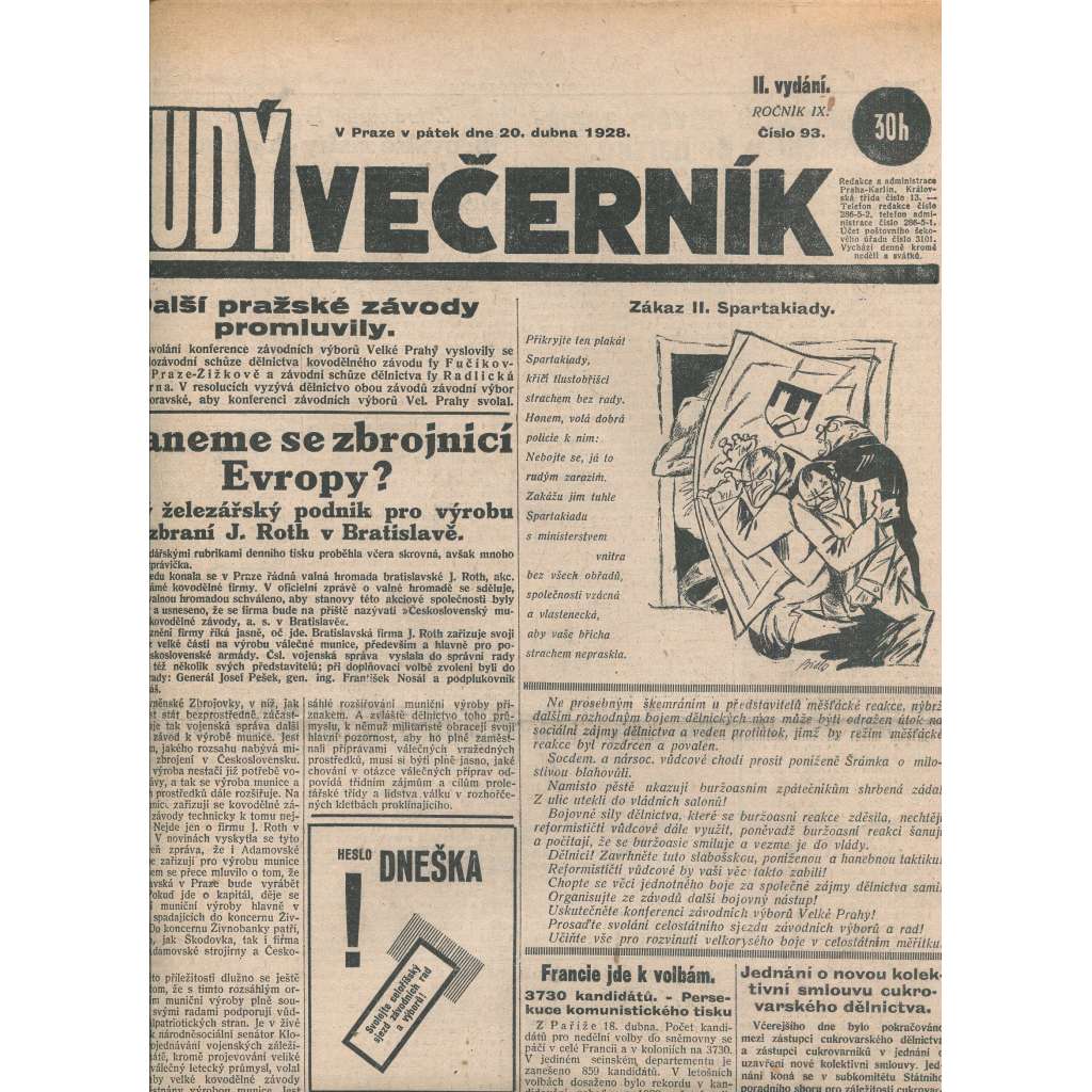 Rudý večerník (20.4.1928) - staré noviny, 1. republika
