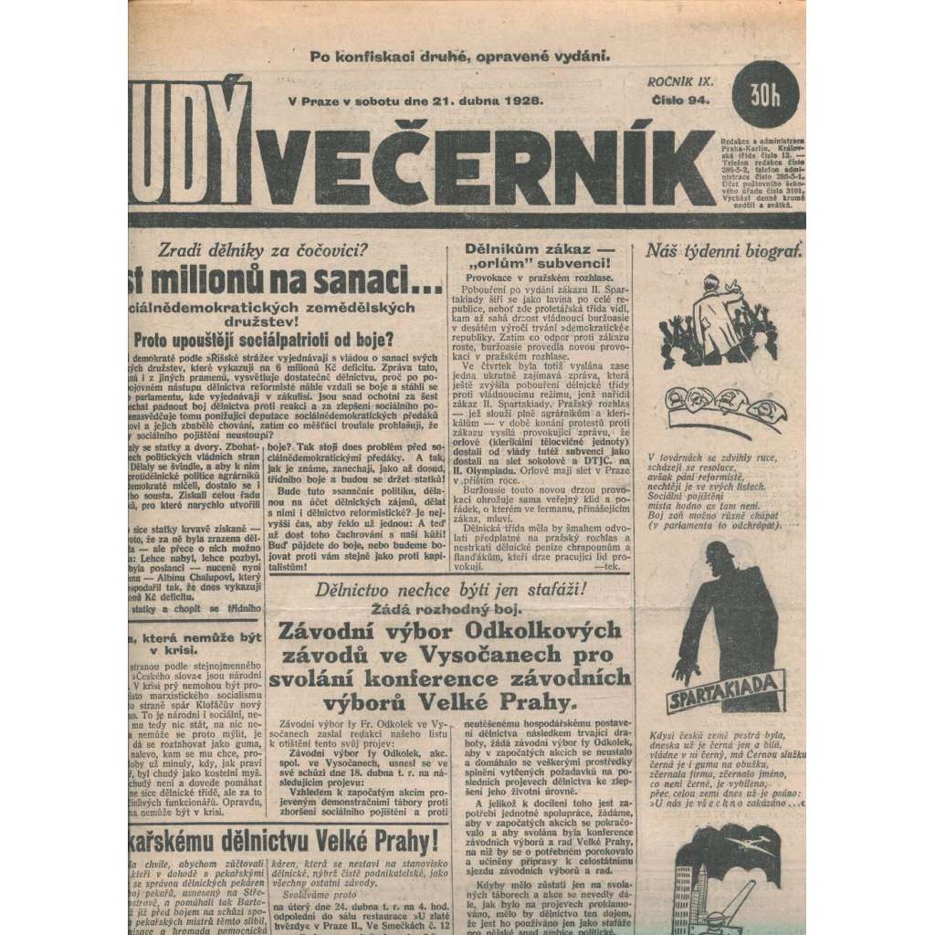 Rudý večerník (21.4.1928) - staré noviny, 1. republika