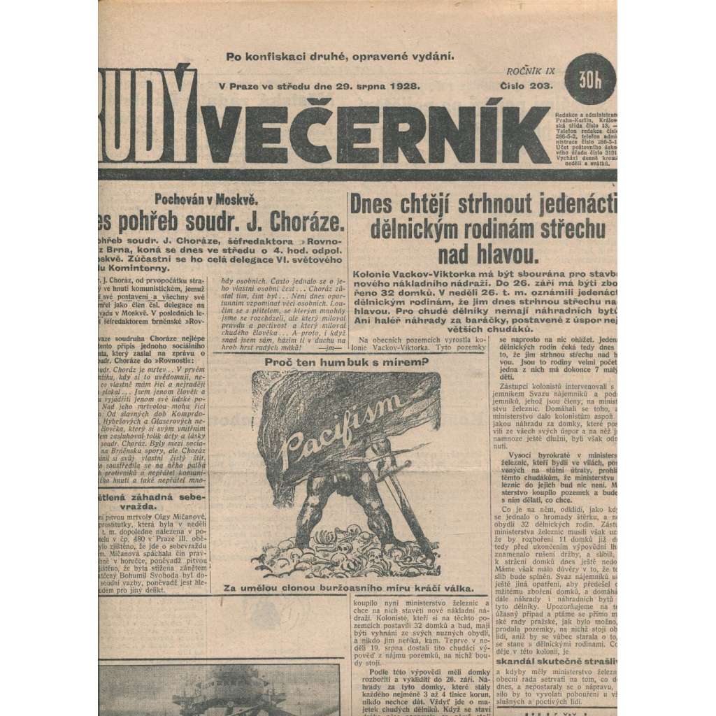 Rudý večerník (29.8.1928) - staré noviny, 1. republika