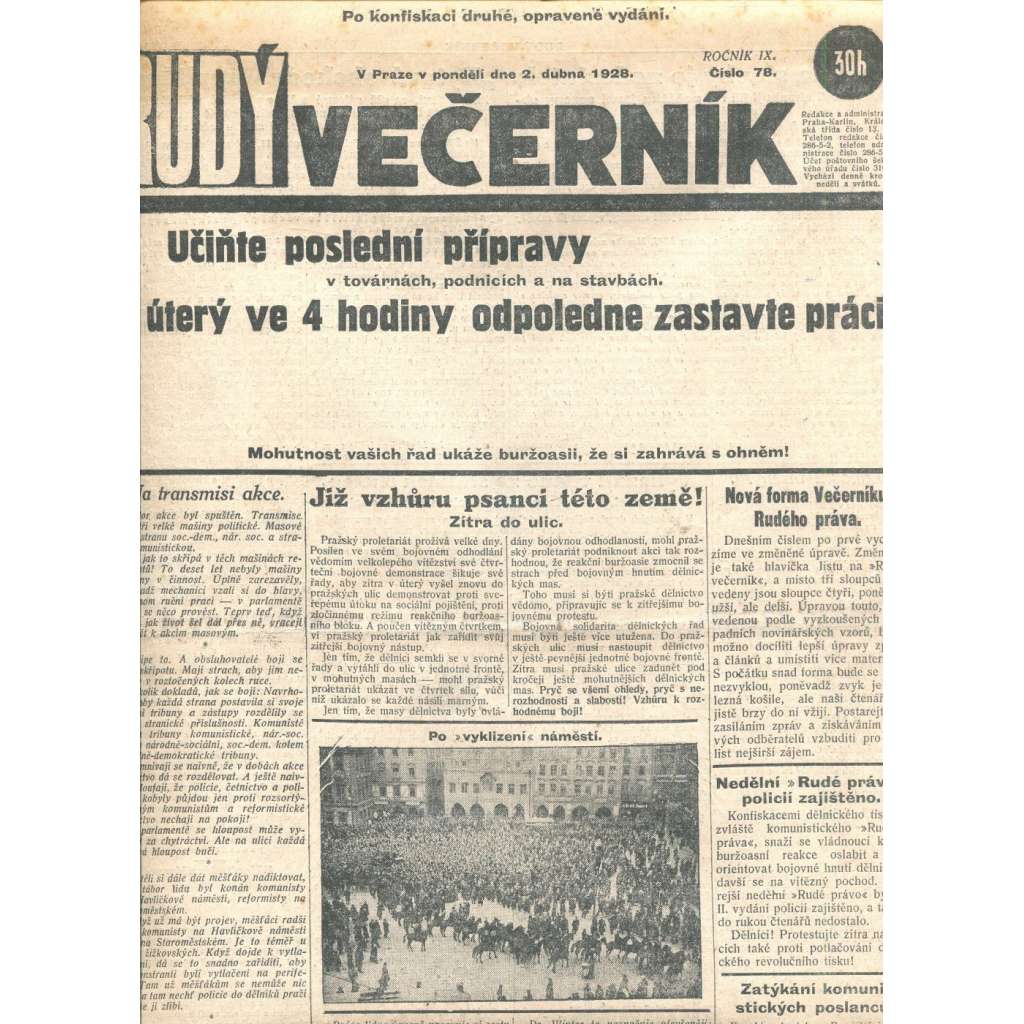 Rudý večerník (2.4.1928) - staré noviny, 1. republika (pošk.)