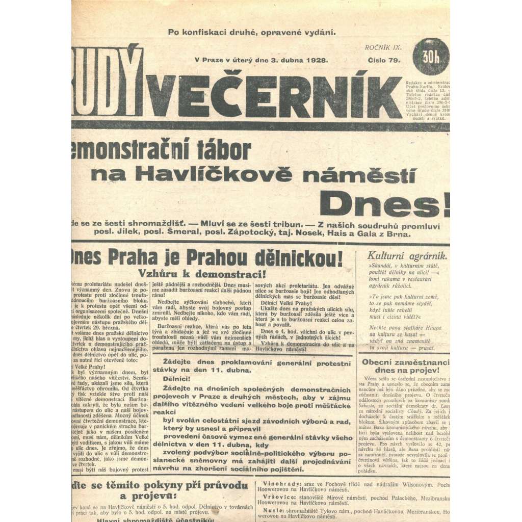 Rudý večerník (3.4.1928) - staré noviny, 1. republika