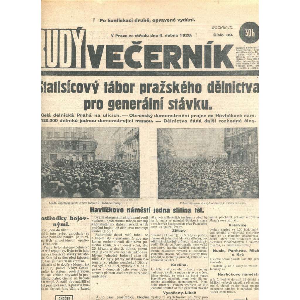 Rudý večerník (4.4.1928) - staré noviny, 1. republika