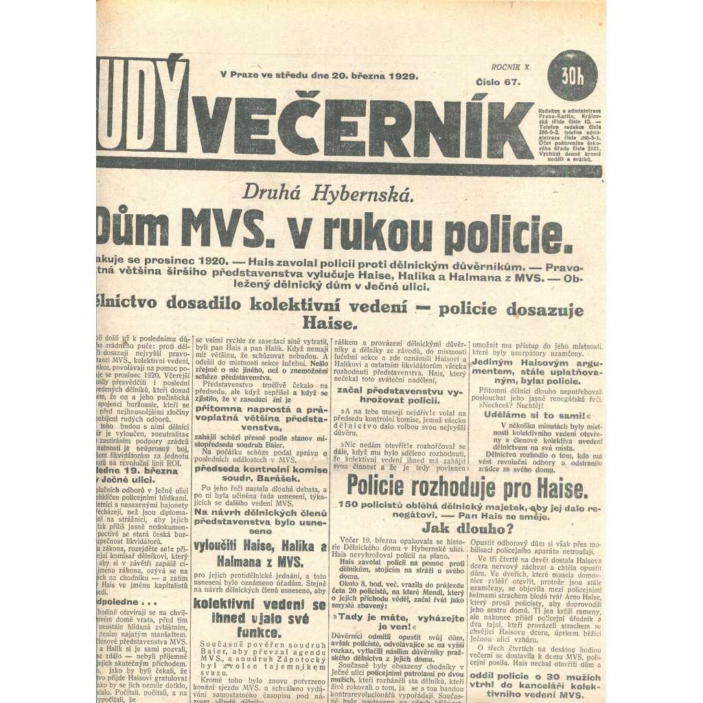 Rudý večerník (20.3.1929) - staré noviny, 1. republika