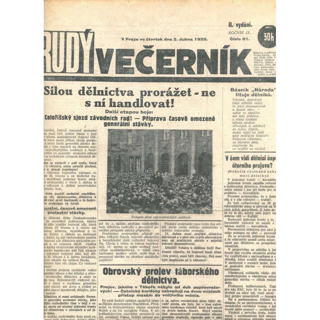 Rudý večerník (5.4.1928) - staré noviny, 1. republika