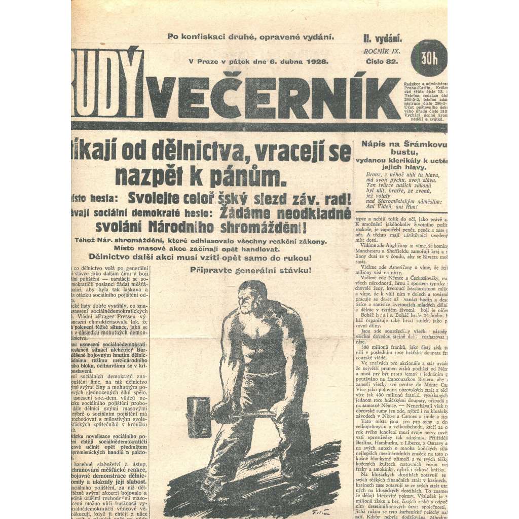 Rudý večerník (6.4.1928) - staré noviny, 1. republika