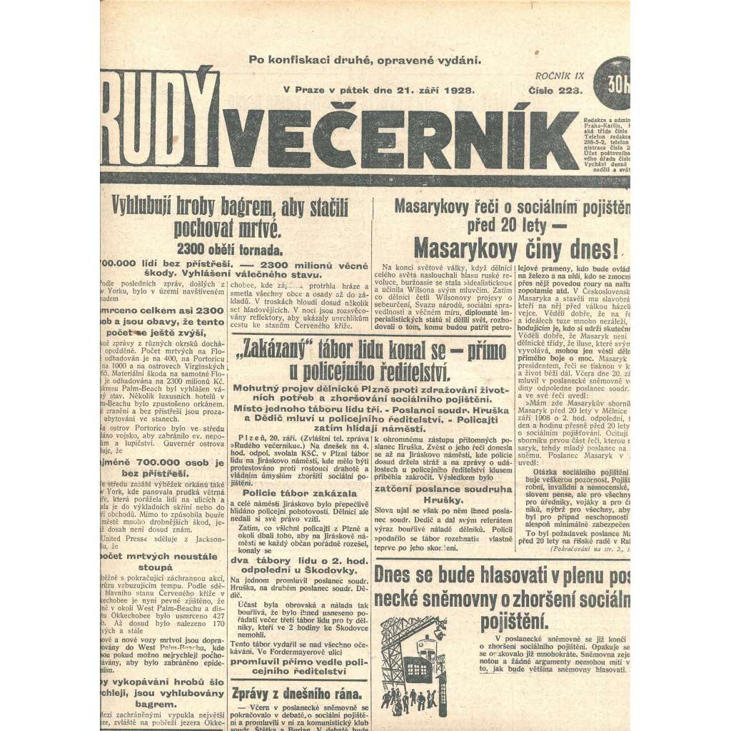 Rudý večerník (21.9.1928) - staré noviny, 1. republika