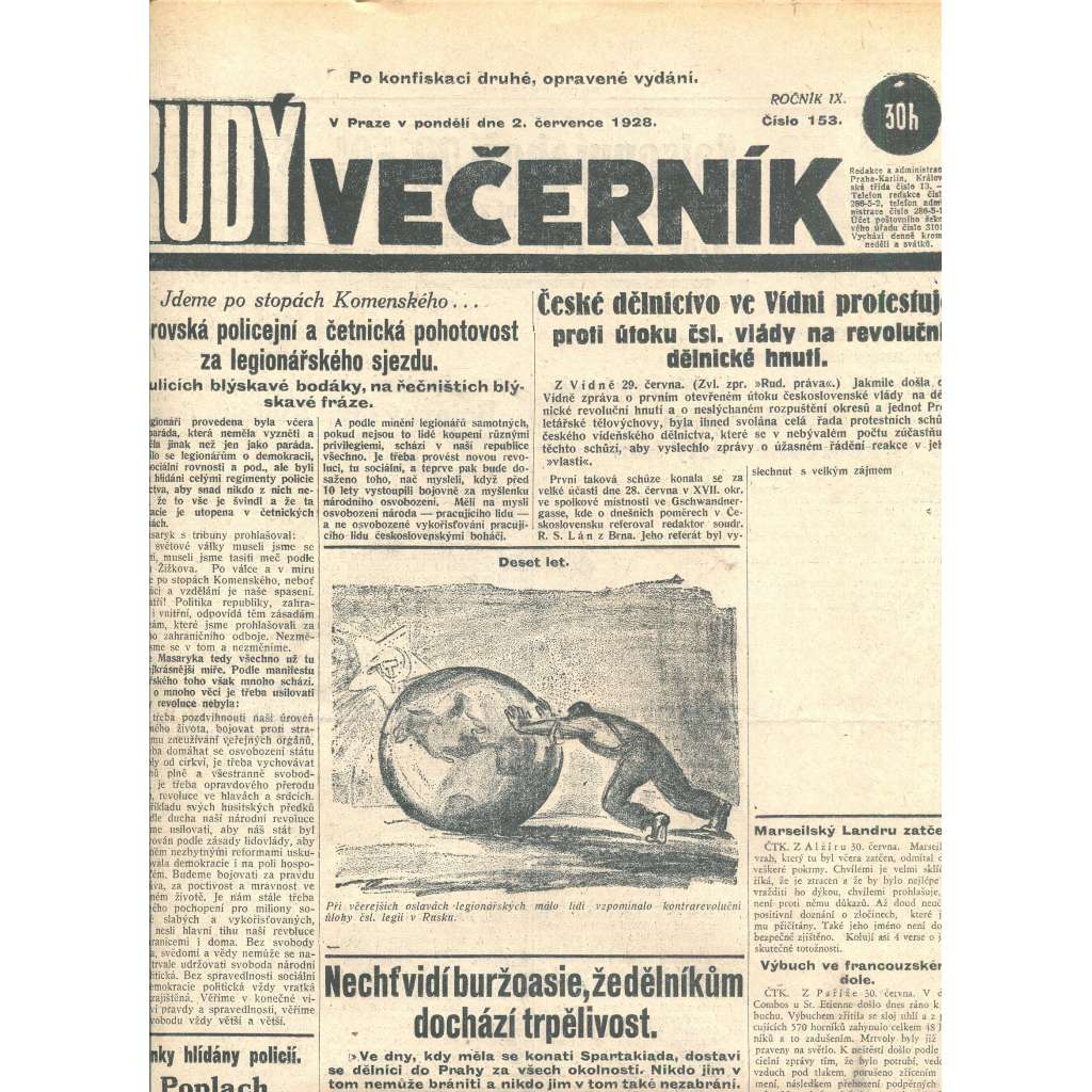Rudý večerník (2.7.1928) - staré noviny, 1. republika