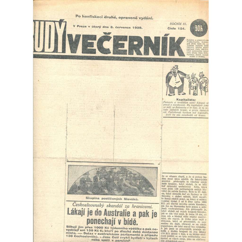 Rudý večerník (3.7.1928) - staré noviny, 1. republika