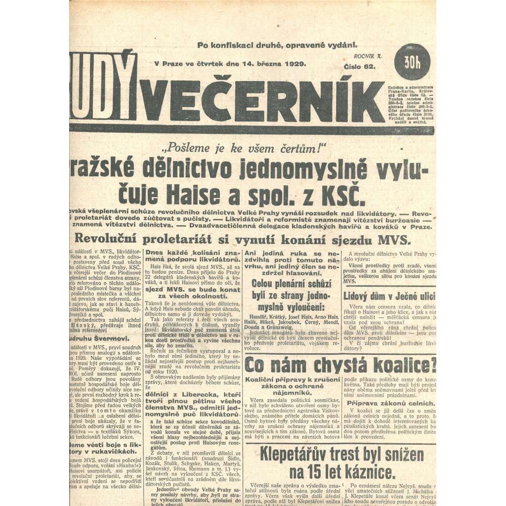 Rudý večerník (14.3.1929) - staré noviny, 1. republika