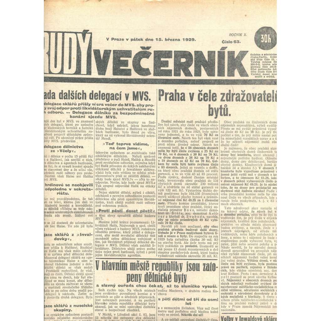 Rudý večerník (15.3.1929) - staré noviny, 1. republika