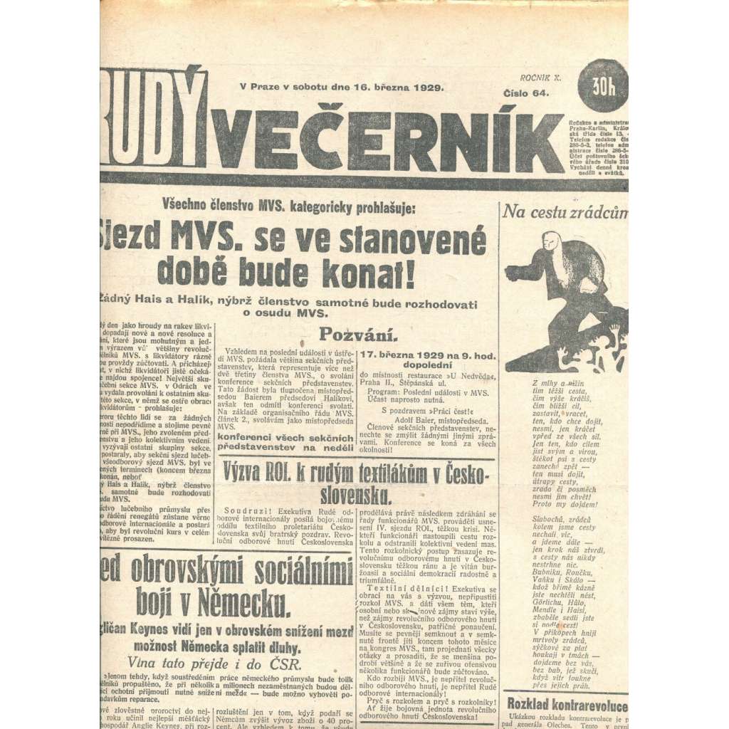 Rudý večerník (16.3.1929) - staré noviny, 1. republika