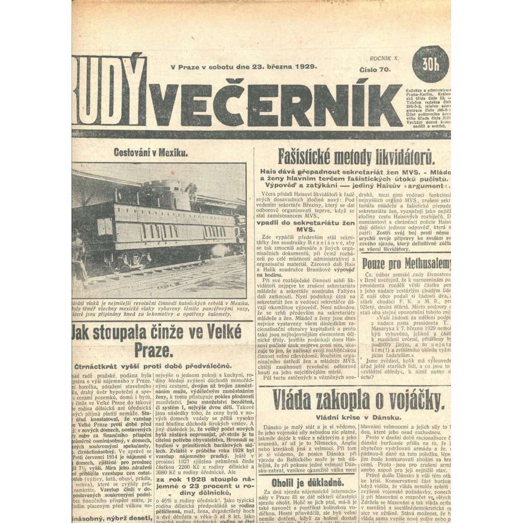 Rudý večerník (23.3.1929) - staré noviny, 1. republika