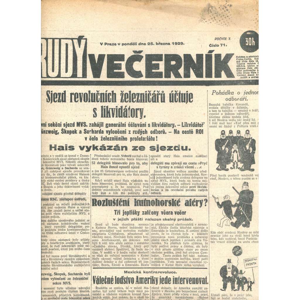 Rudý večerník (25.3.1929) - staré noviny, 1. republika