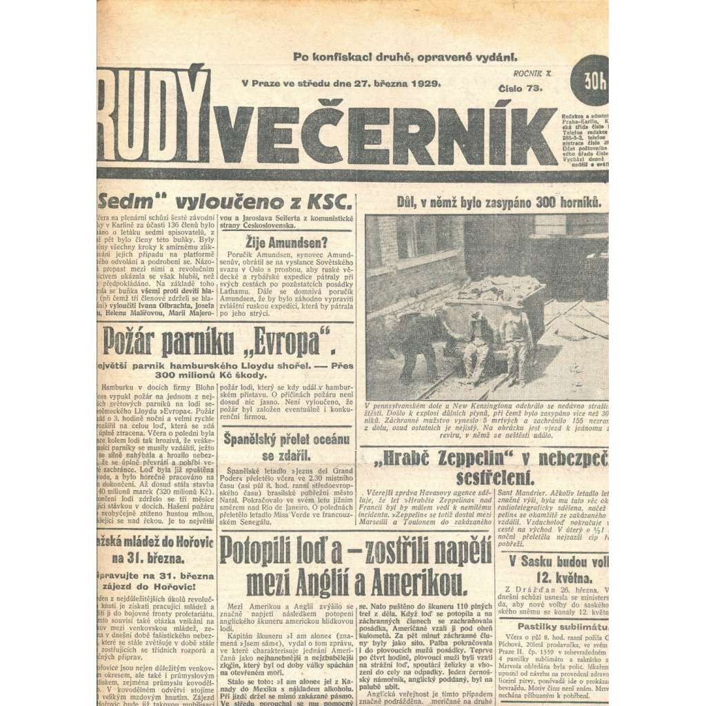 Rudý večerník (27.3.1929) - staré noviny, 1. republika
